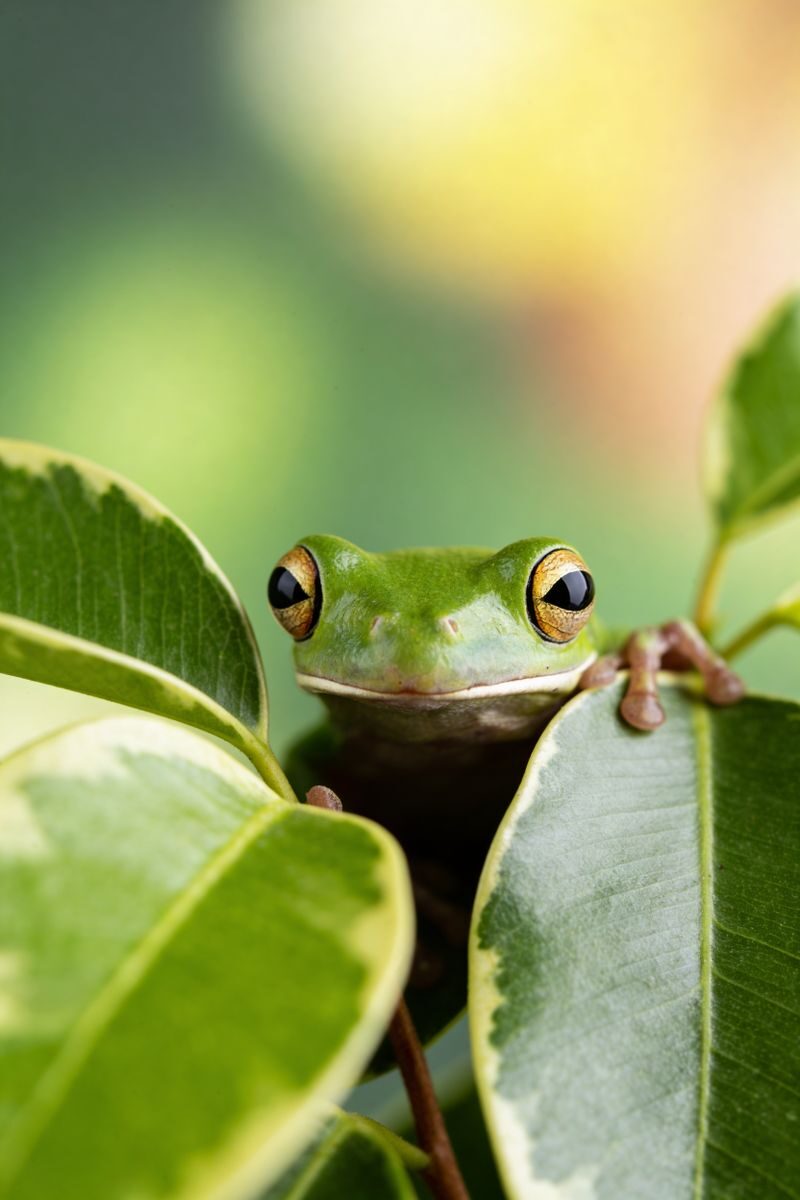 Detailed macro shot of a vibrant green tree frog sitting on a lush leaf.